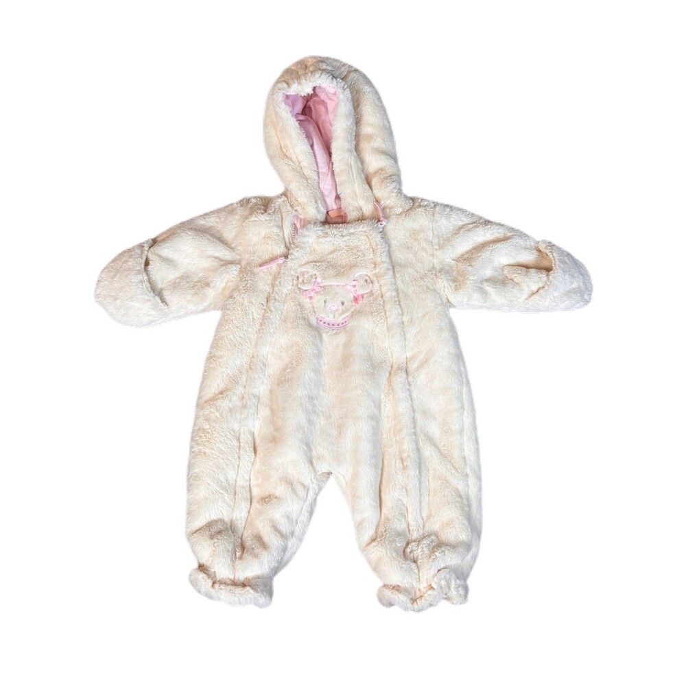 Baby Girl Snowsuit 6-9M White Pink Faux Fur Hooded Winter Bunting Rothschild
